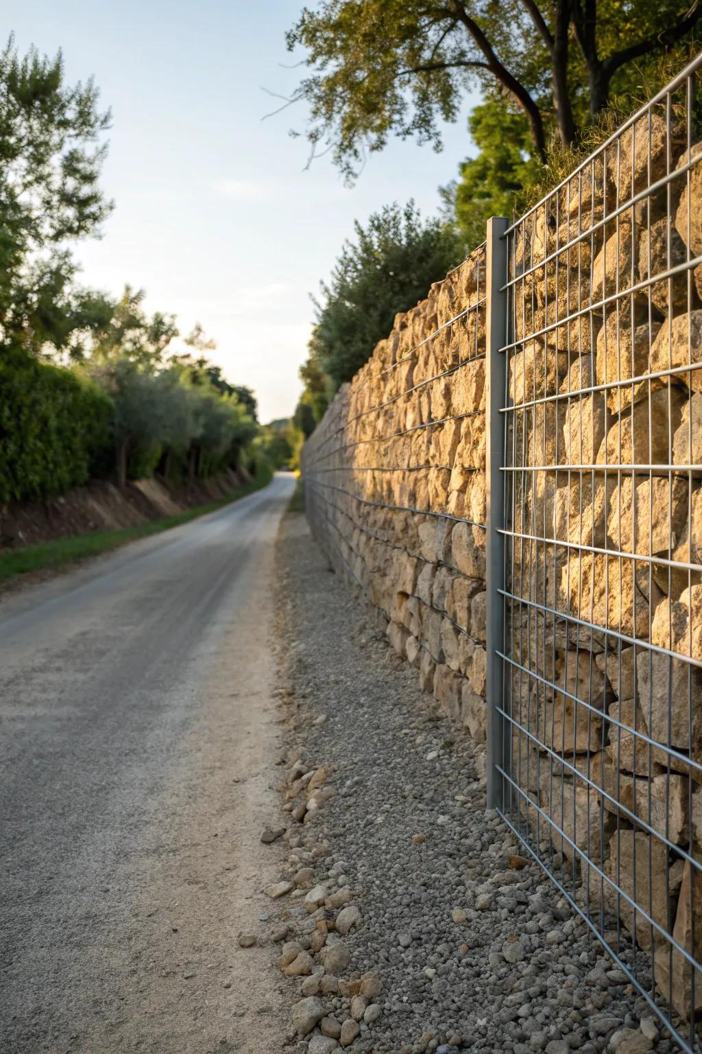 A rustic gabion wall with stones and metal provides an industrial edge to the driveway.