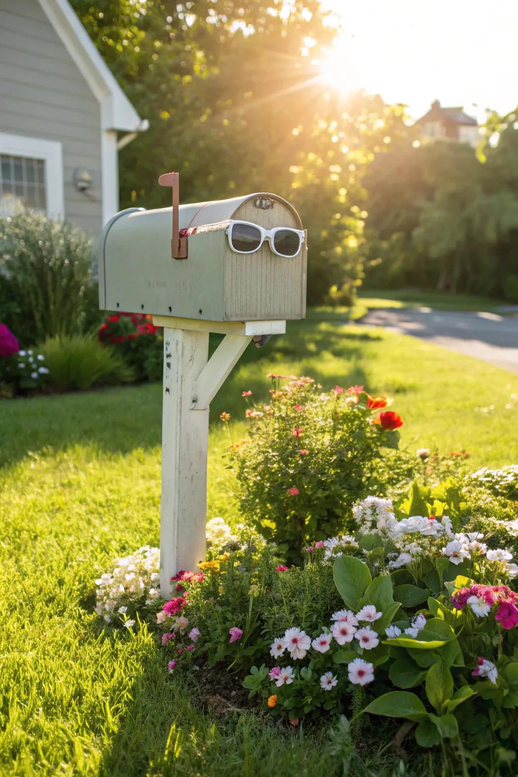 A playful mailbox with sunshades radiating cool vibes.