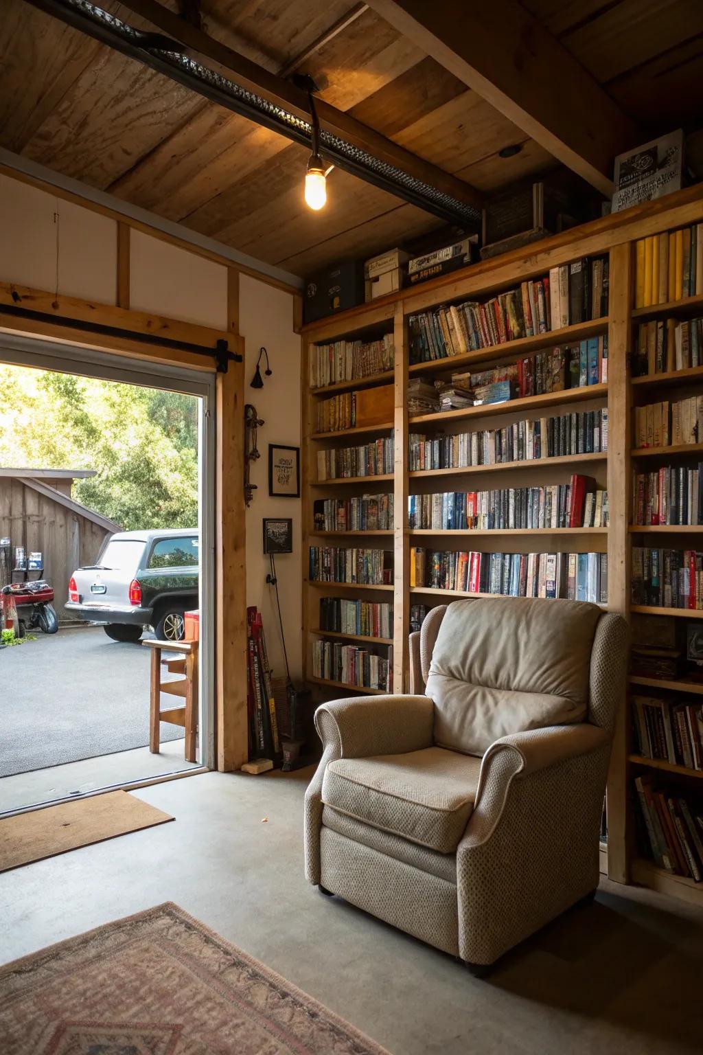 A garage reading nook delivers a cozy and inspiring reading area.