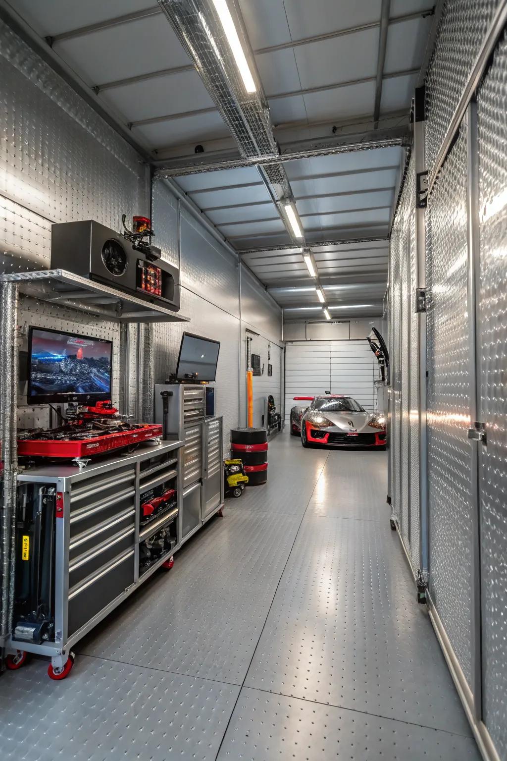 Metallic finishes introduce a smooth, cutting-edge aesthetic to your garage.