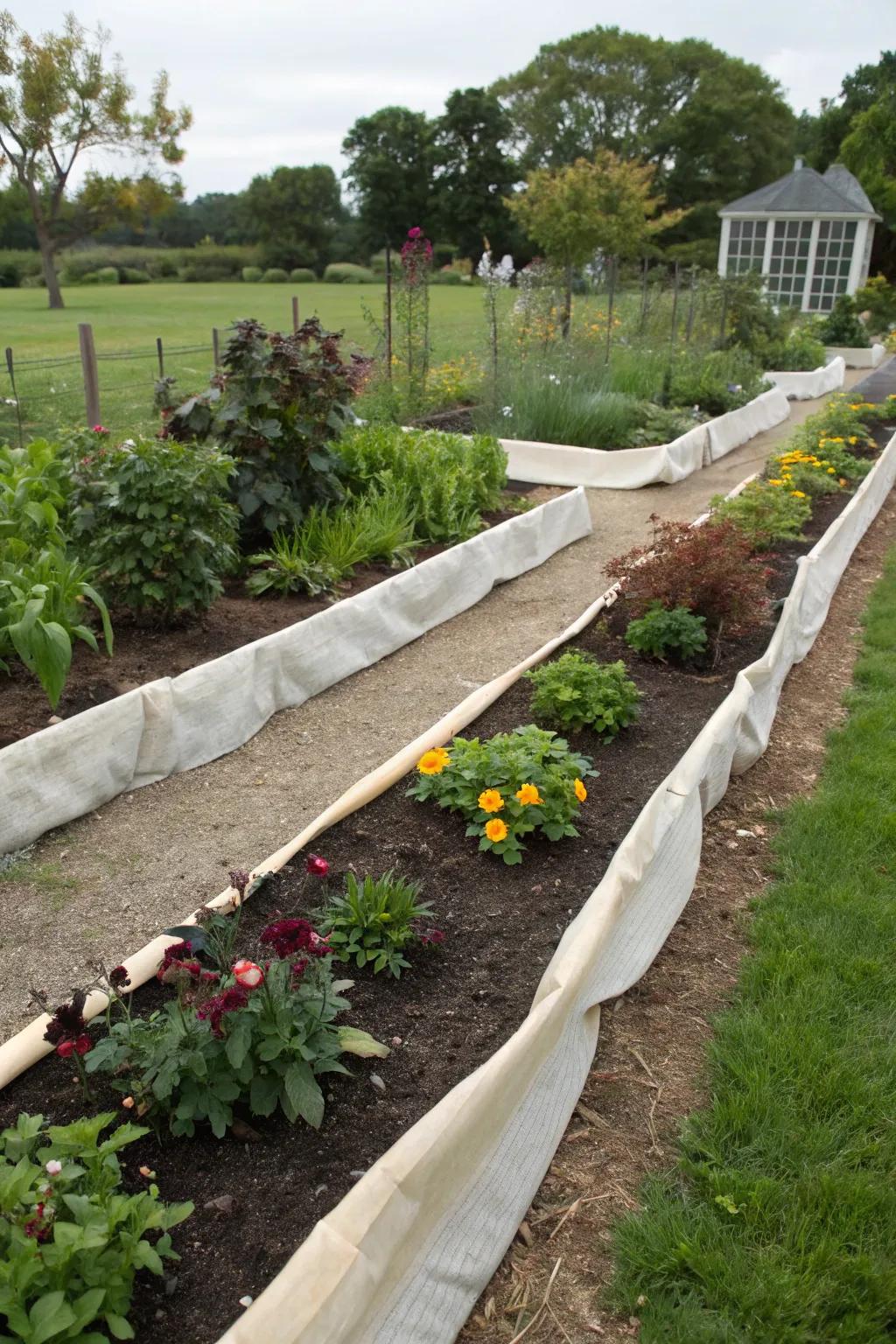Landscape fabric borders keep garden beds neat and weed-free.