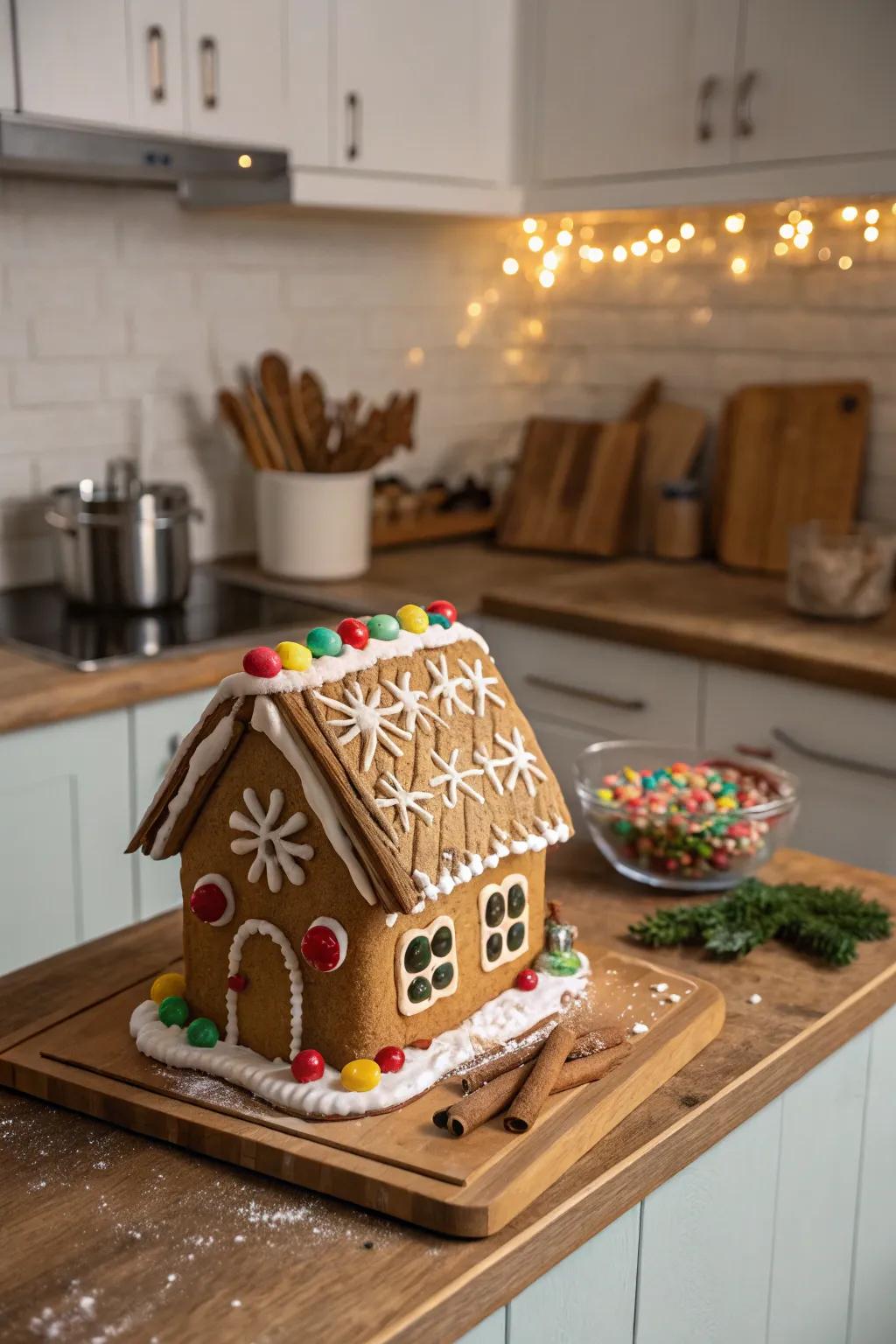 A gingerbread rooftop adorned with rustic cinnamon wands.