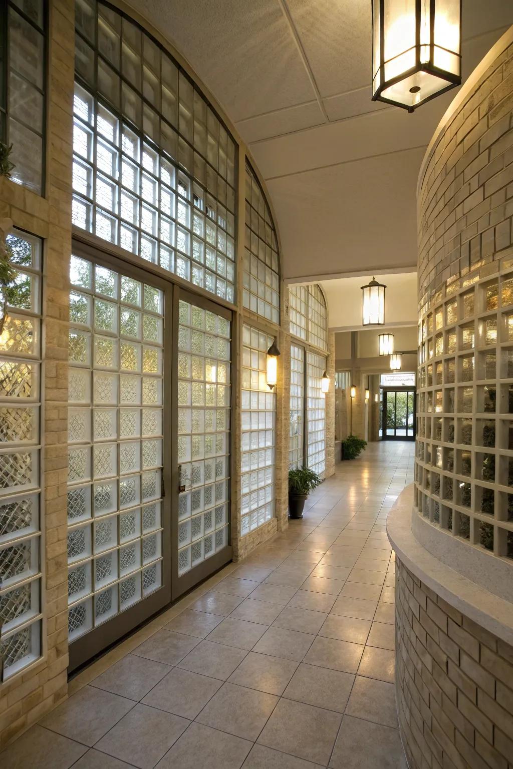 A transitional space featuring glass block walls, guiding light flow and enhancing the home's architectural layout.