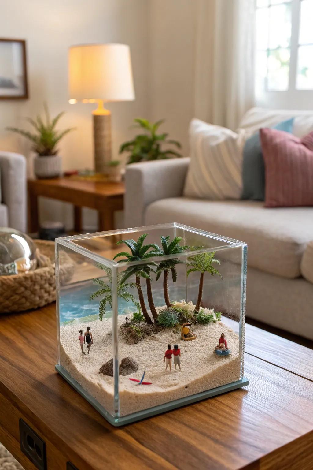 A creative beach diorama housed within a glass brick.