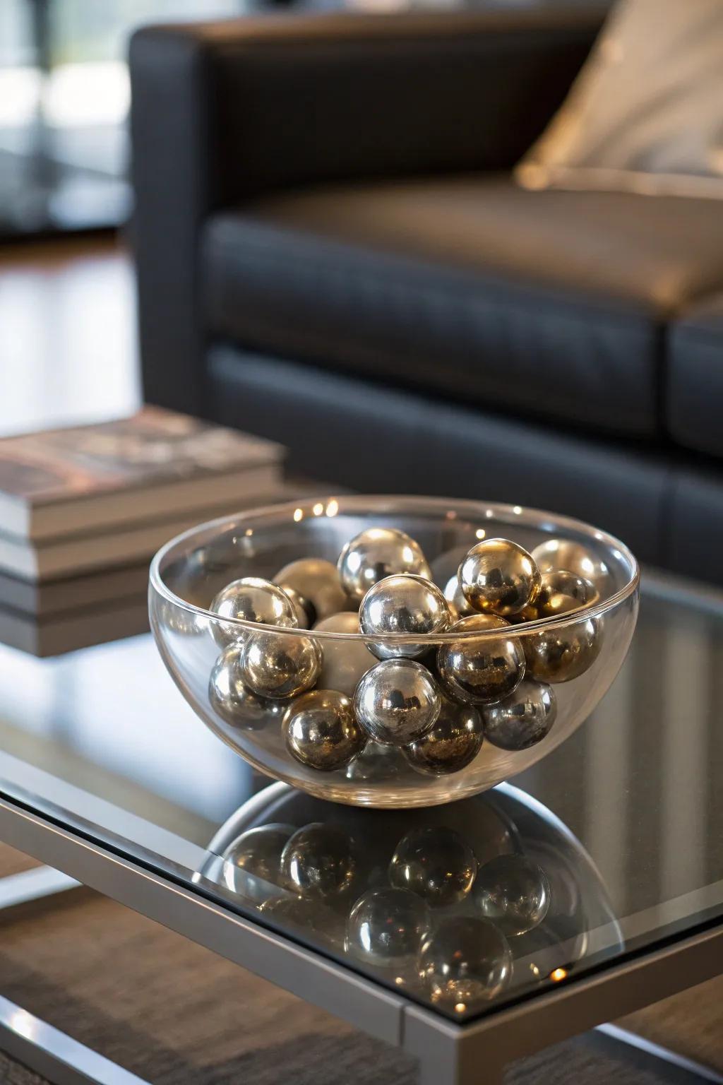 Modern and bold metallic orbs inside a glass bowl.