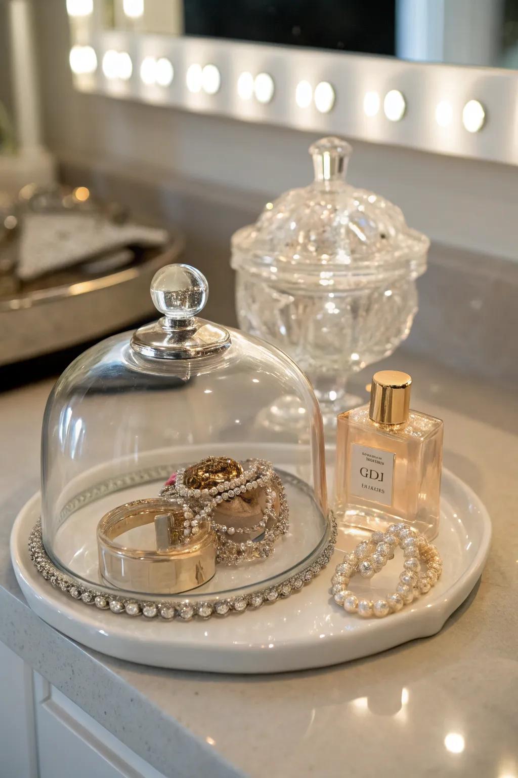 Fashion jewelry and perfume bottles produce a luxurious display screen under a glass dome.