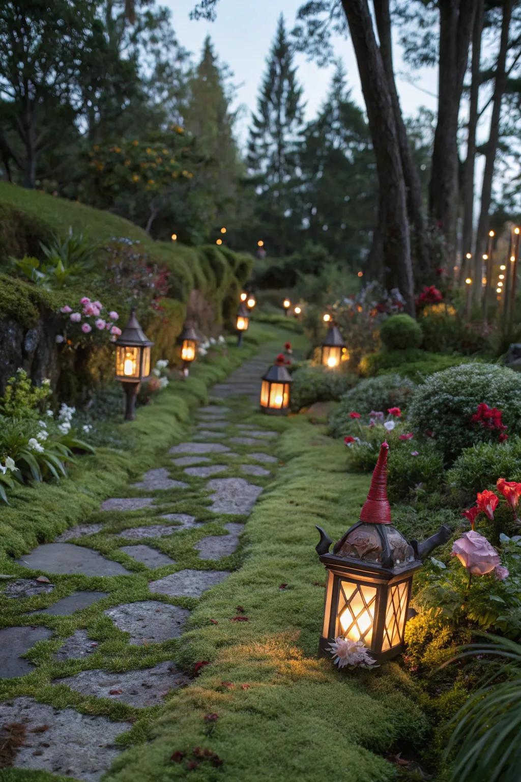 Gnome lanterns cast a magical radiance over the garden.