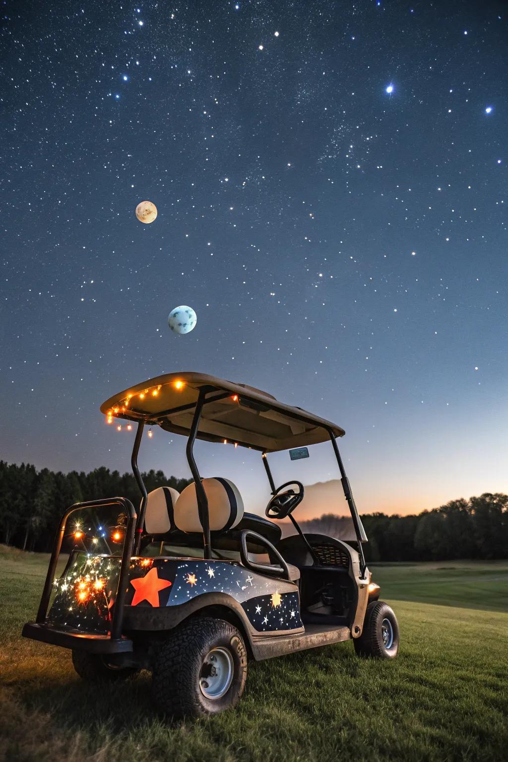 Escort your golf cart on an interstellar voyage using space-themed ornaments.