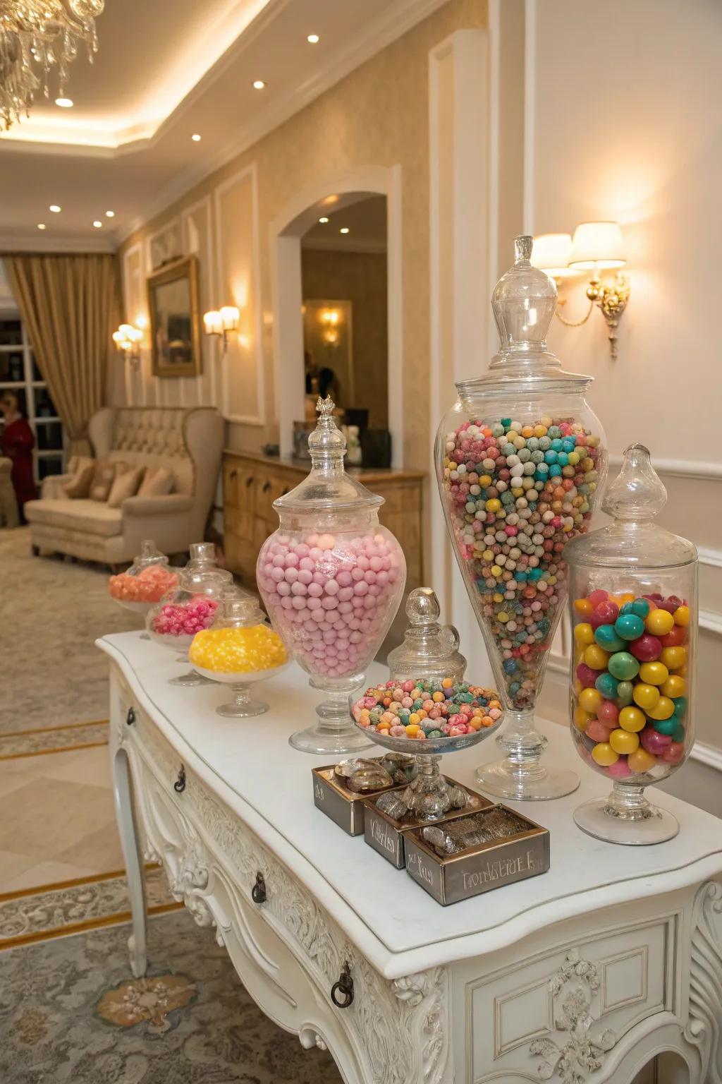 Treat container centerpieces add dimension and elegance to your display.