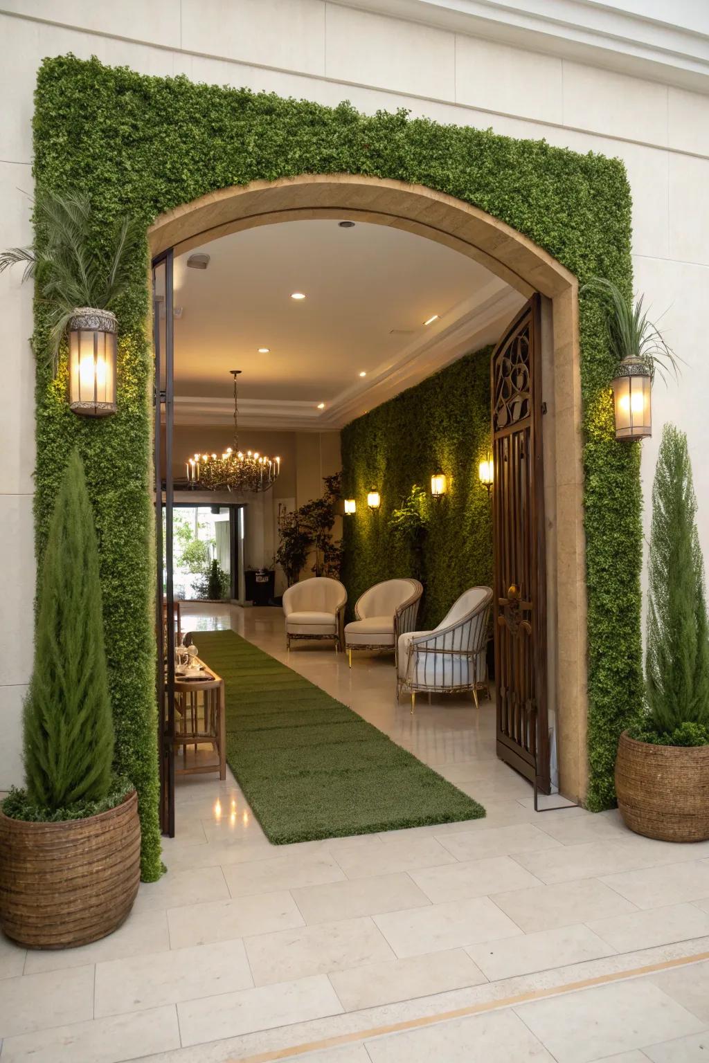 A grass wall in the entryway fashions an inviting and organic initial impression.