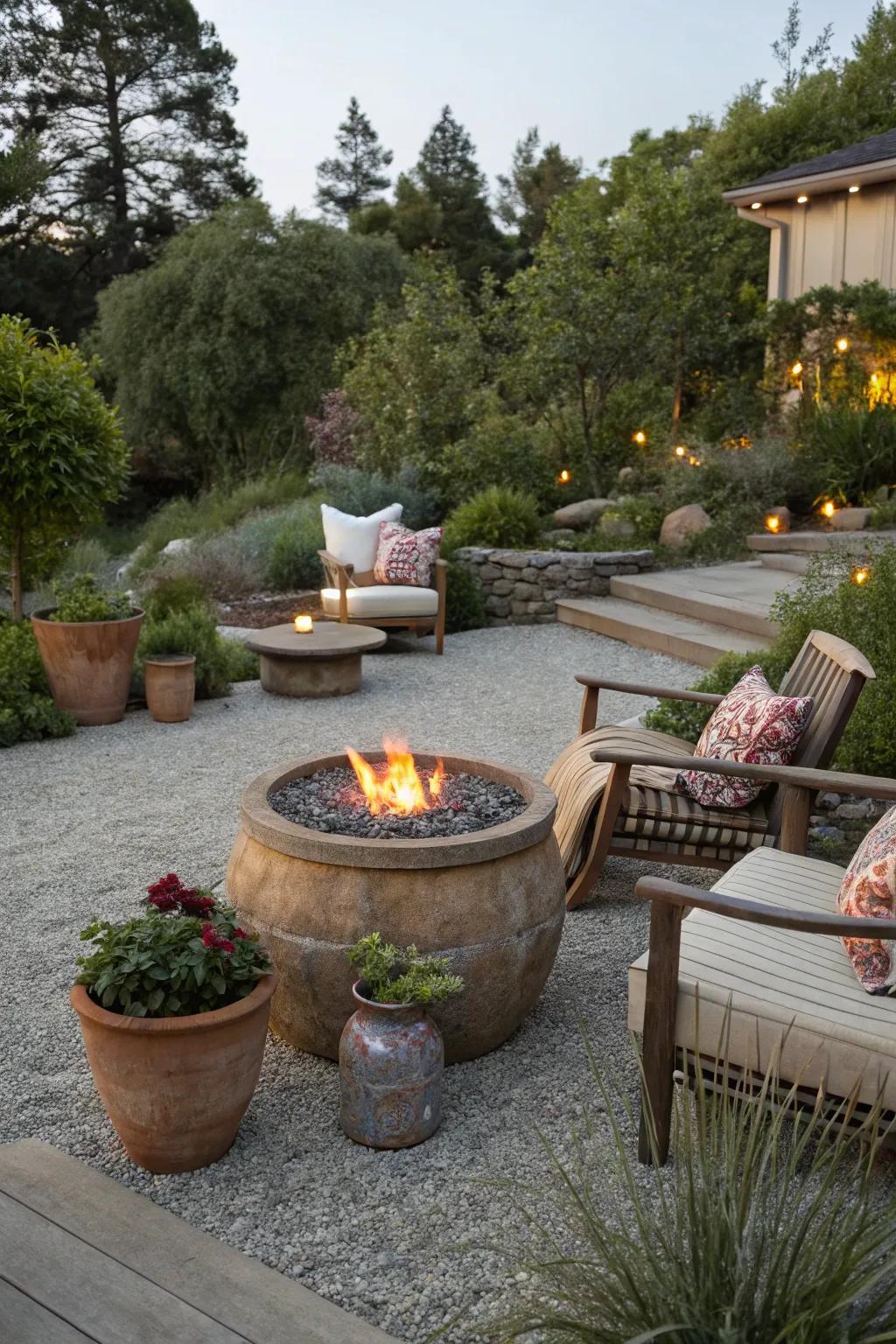 A brazier encircled by containers fashions a snug exterior retreat.