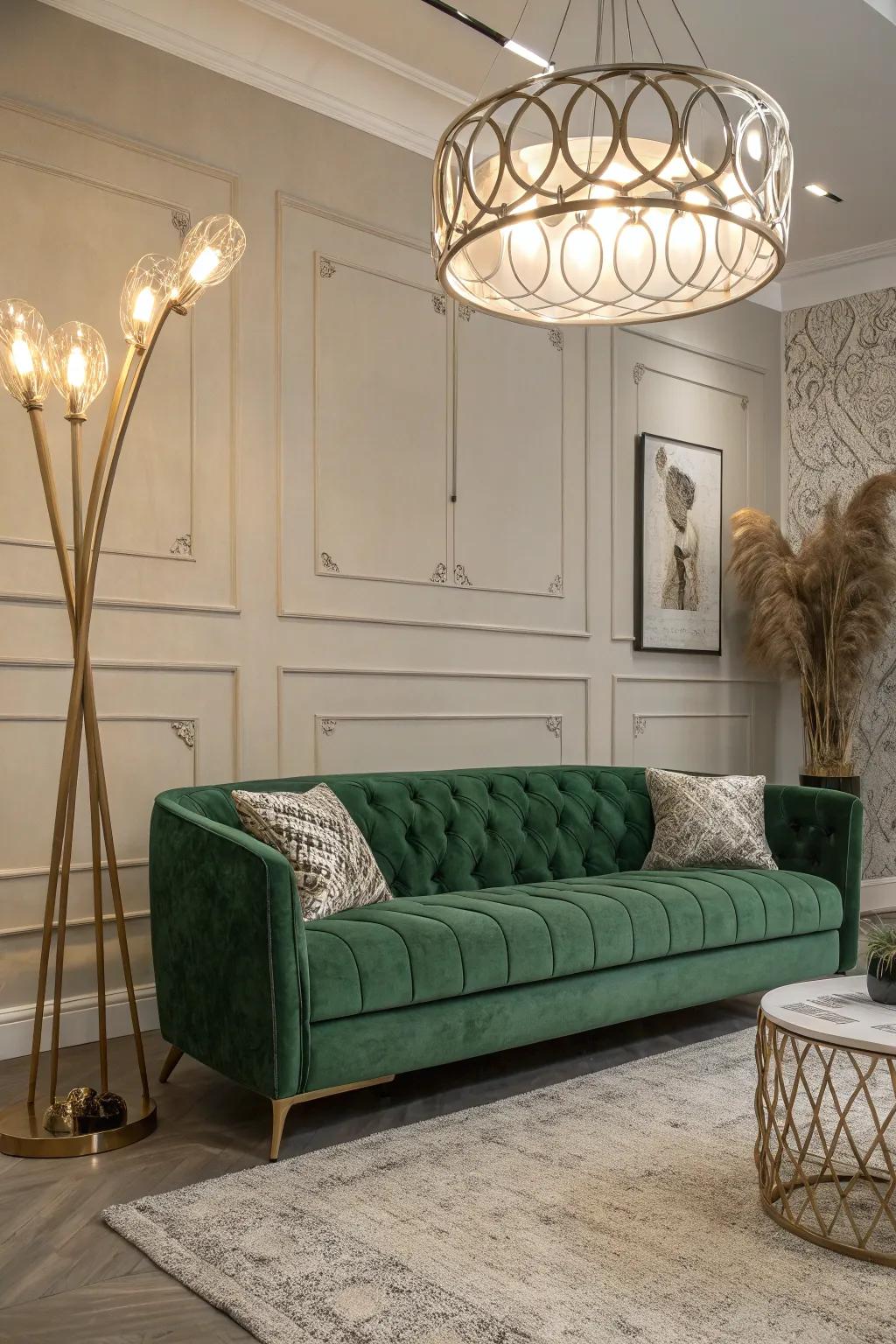 A charming family room with a verdant plush settee and unique illumination.