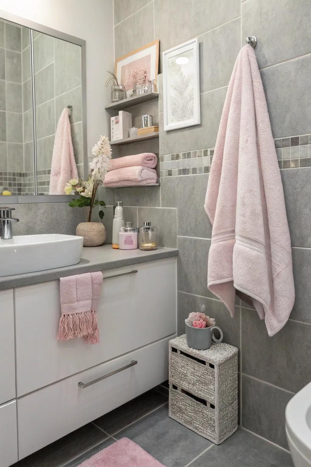 Pastel features contribute a soft touch to the grey bathroom.