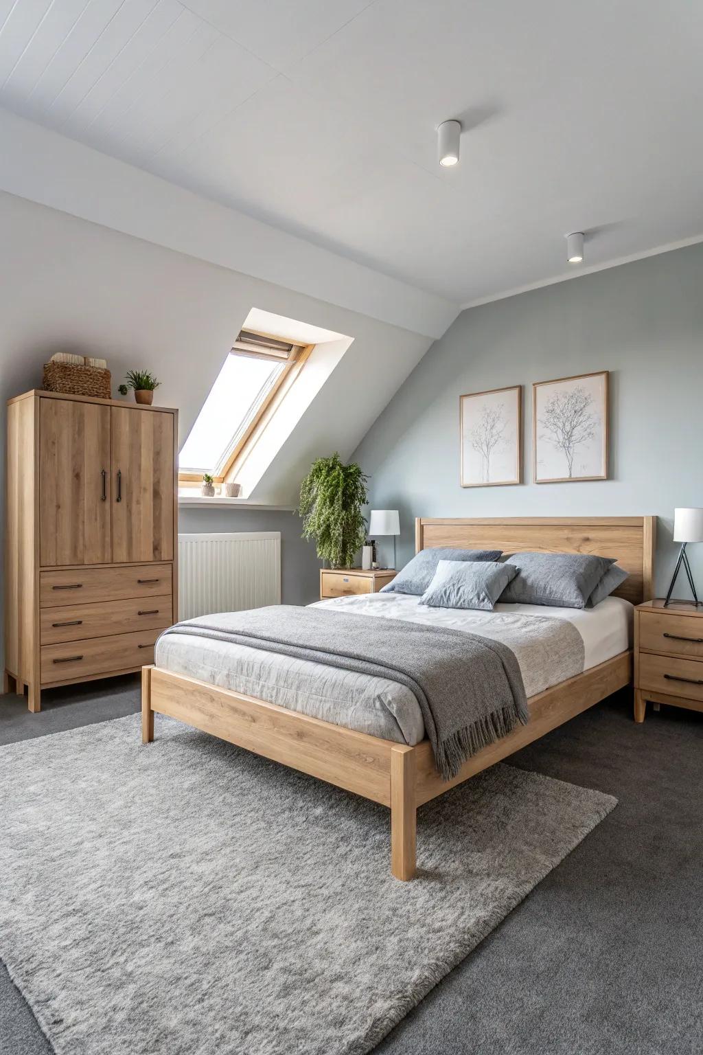 Scandinavian simplicity complements the grey carpet, creating an airy and peaceful space.