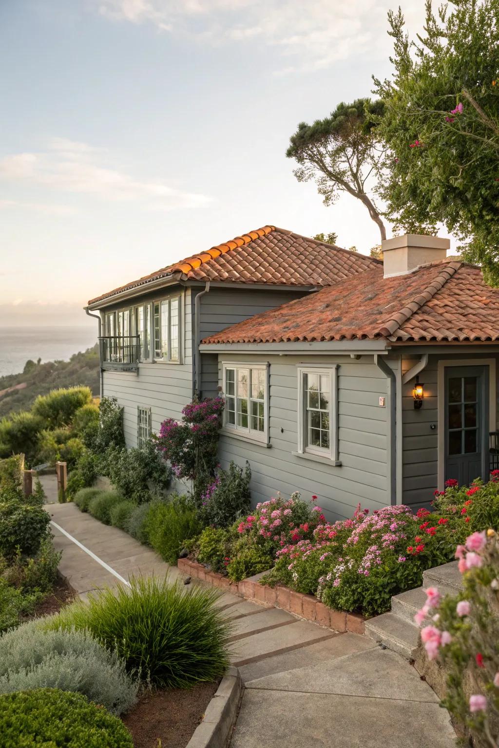 A terracotta roof imparts a Mediterranean flair to grey exteriors.