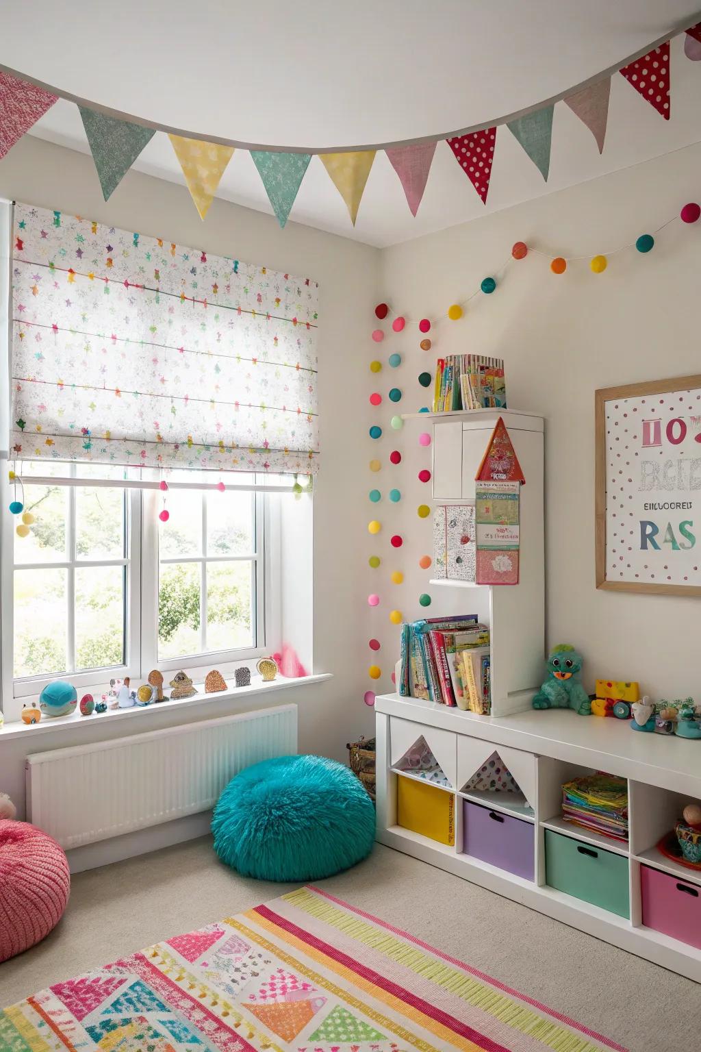 Playful youngsters' space featuring pom-pom accented blinds.