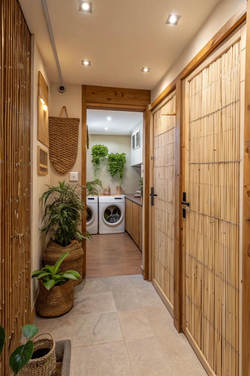 Eco-friendly bamboo doors introduce warmth and sustainability to a hallway laundry space.