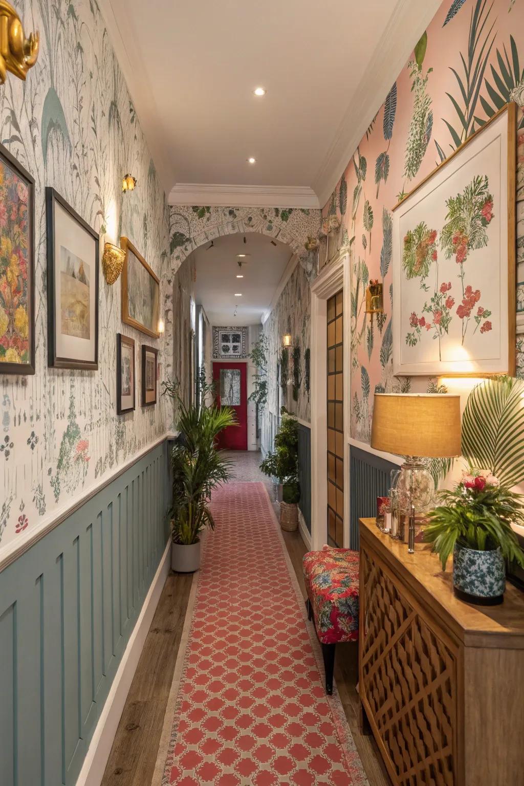A hallway that venerates diversity through a varied surface decor amalgamation.