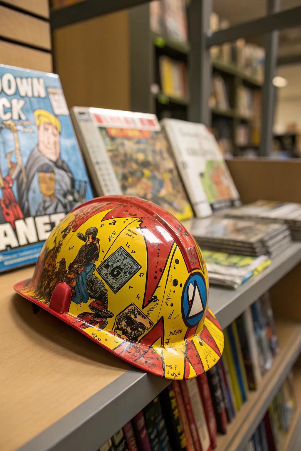 A safety helmet animated with graphic novel flair.