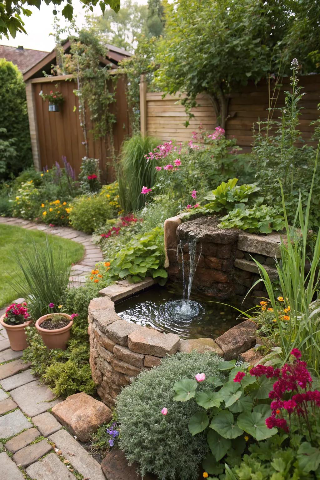 Water features add a calming element to garden environments.