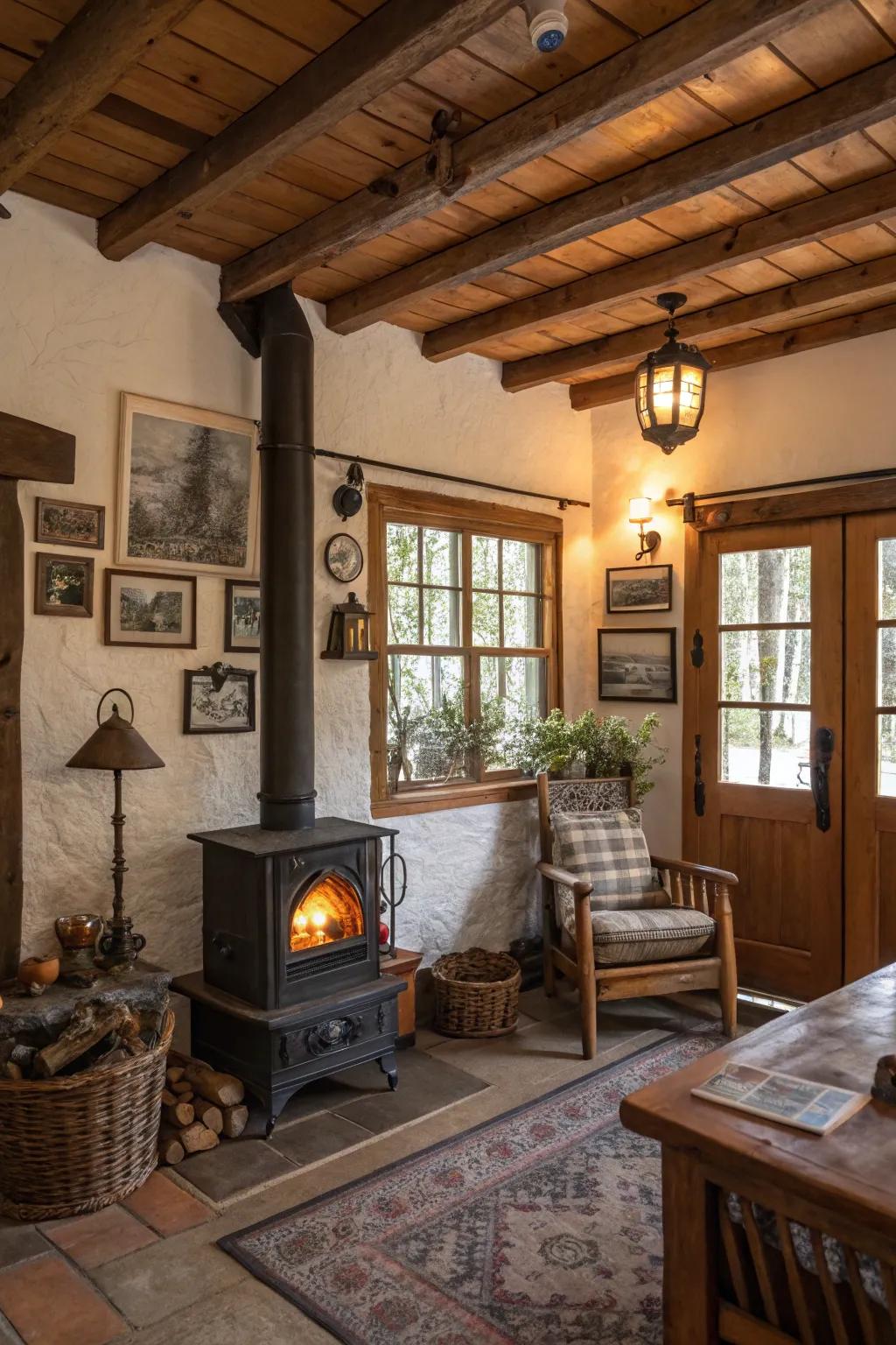 A rustic living area featuring a chimney furnace.
