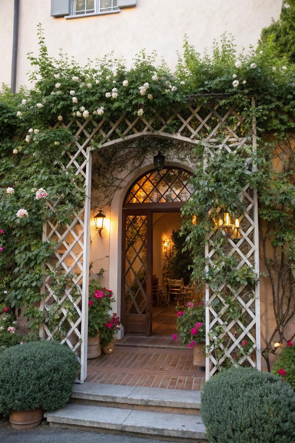 Lattice and trellis framing your entrance with natural beauty.
