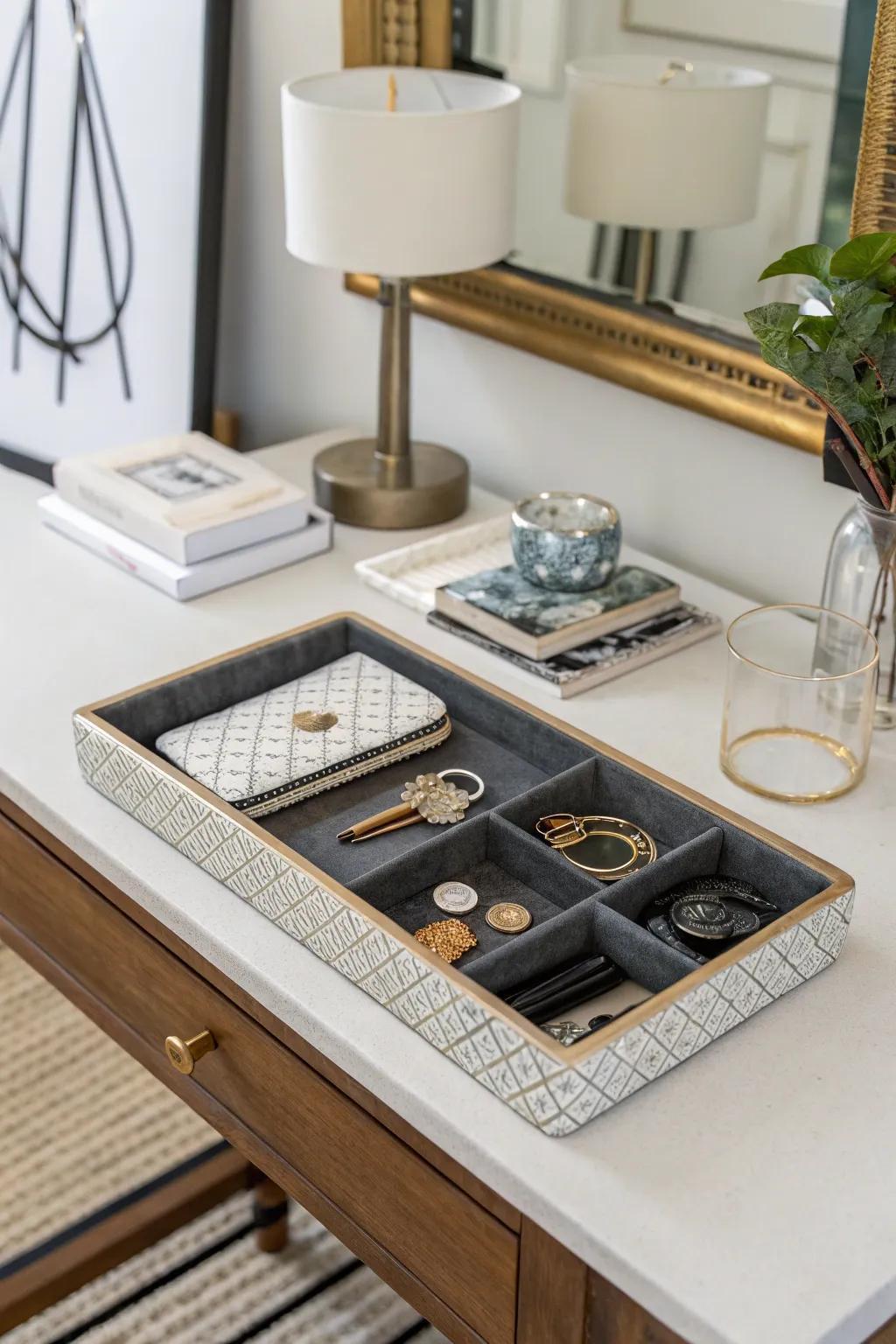 A functional tray keeps essentials arranged and accessible.