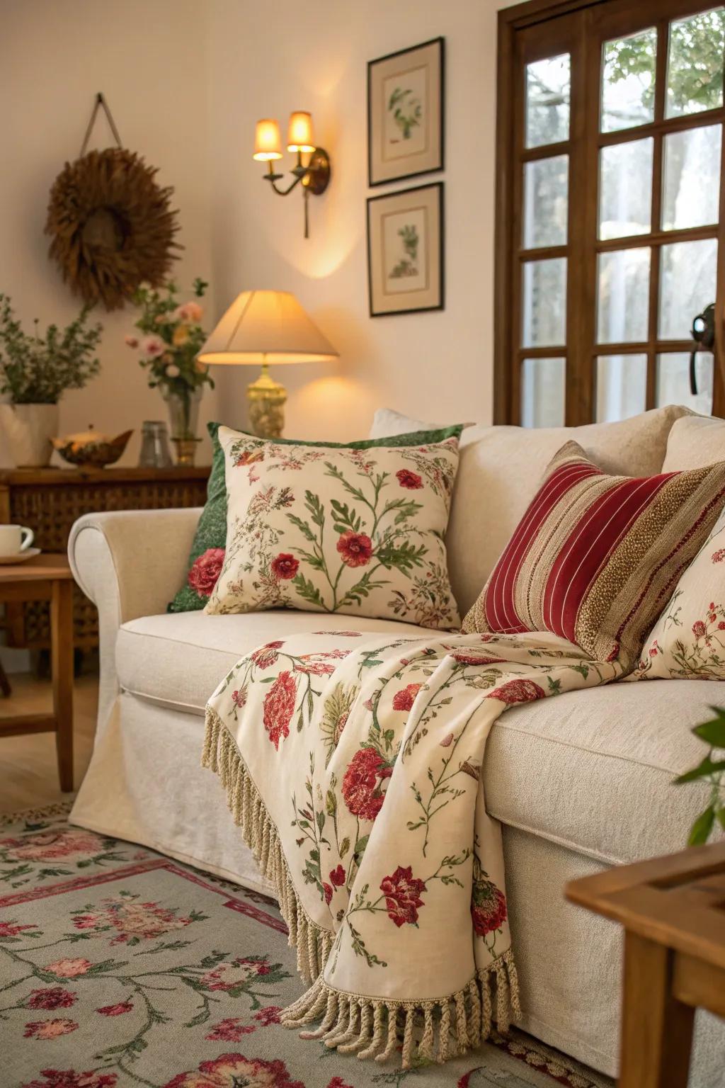 Spring-theme textiles quickly change the room's vibe.