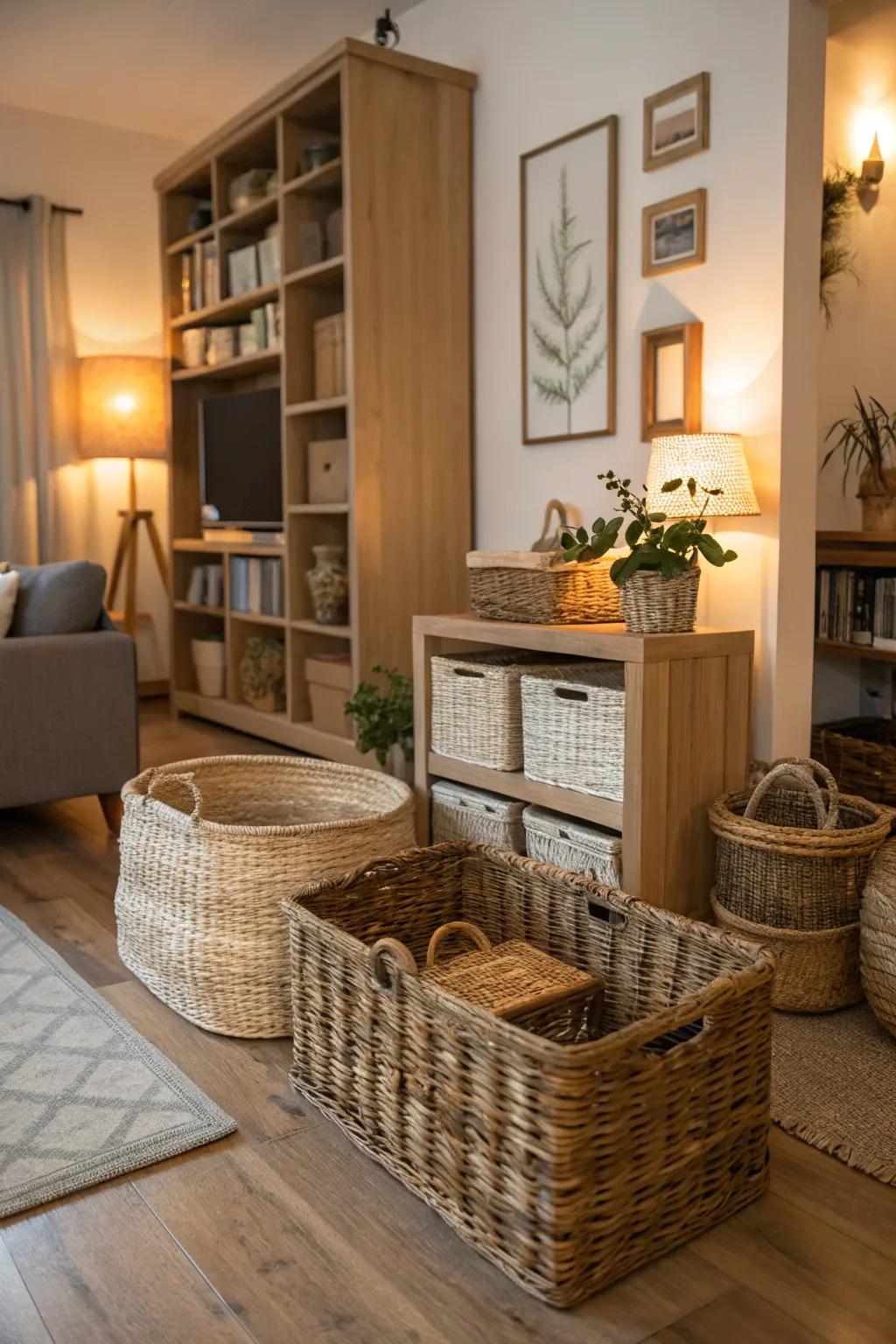 Woven baskets introduce texture and practical utility possibilities.