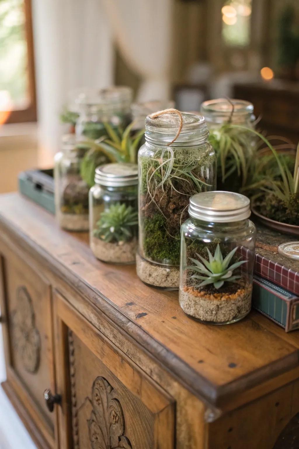 Assorted vessels displaying <strong>air plants</strong> to produce an artistic presentation.” loading=”lazy” class=”pimg”>
	</picture><figcaption>Assorted vessels displaying <strong>air plants</strong> to produce an artistic presentation.</figcaption></figure>
<p>Compile an eclectic collection of vessels and fill them with <strong>air plants</strong> for an artistic and diverse presentation. This strategy empowers you to blend and harmonize styles effortlessly.</p>
<h3>May just do the trick:</h3>
<ul class=