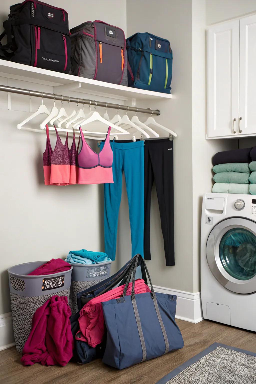 Unconventional areas like laundry rooms for workout gear storage.