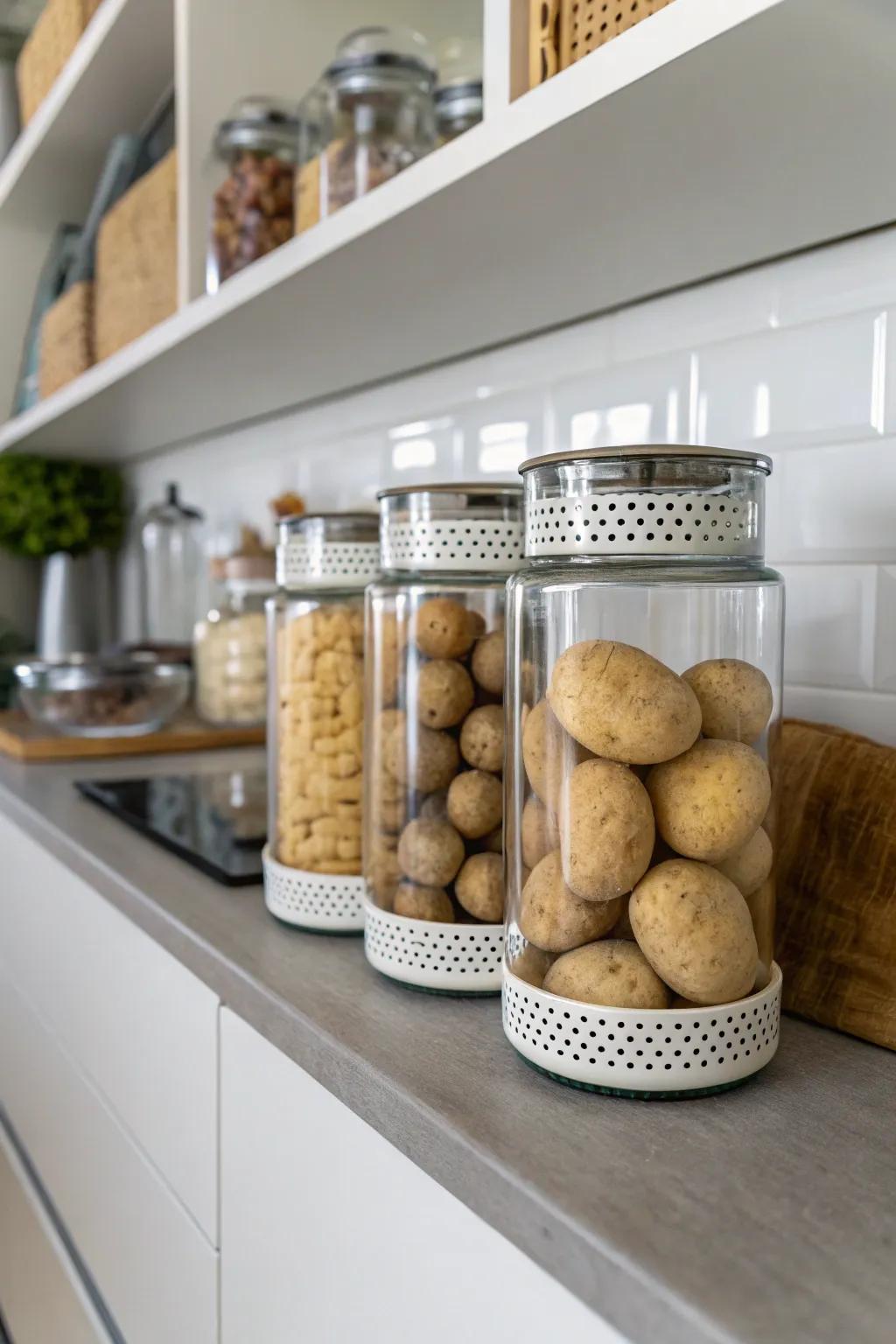 Sleek and neat potato stowage featuring contemporary glass jars.