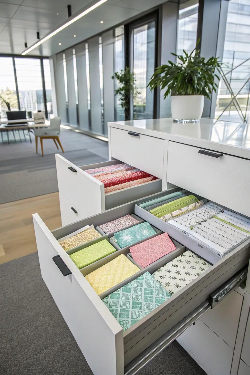 Filing units provide a level storage option for tissue paper.
