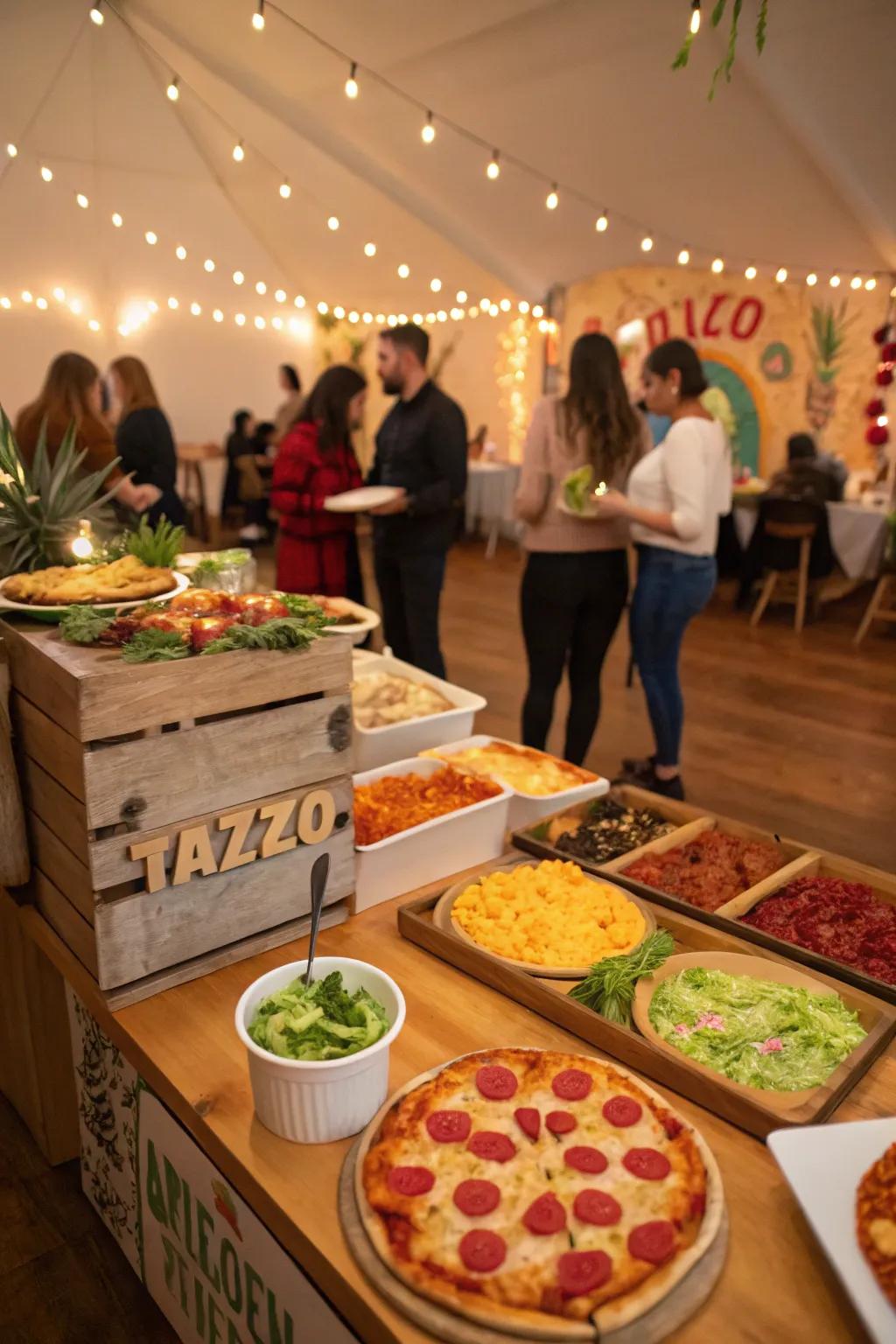 A fun indoor party showcasing interactive food stations.
