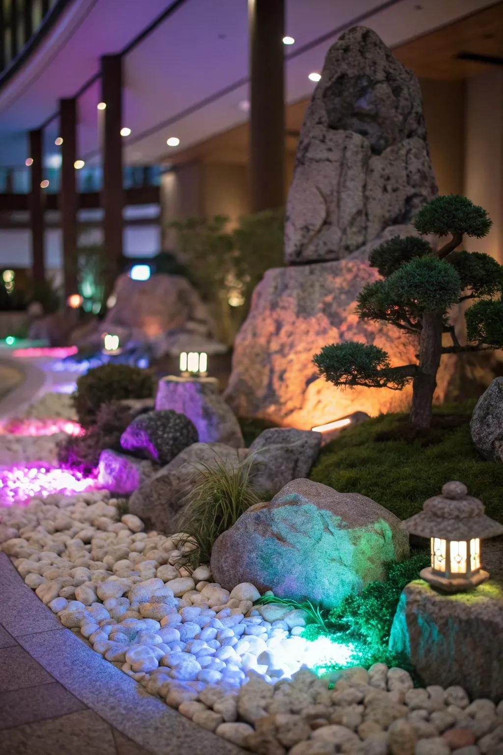 An illuminated rock display shimmers with captivating night-time allure.