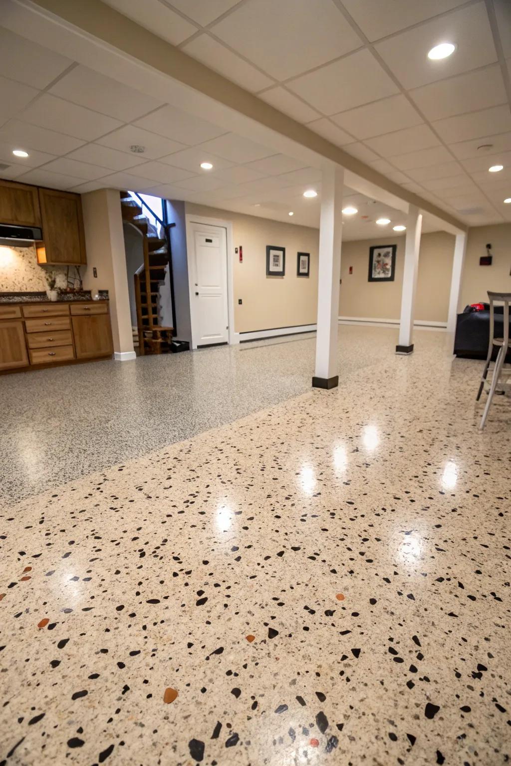 Terrazzo-look vinyl marries classic style with modern practicality.