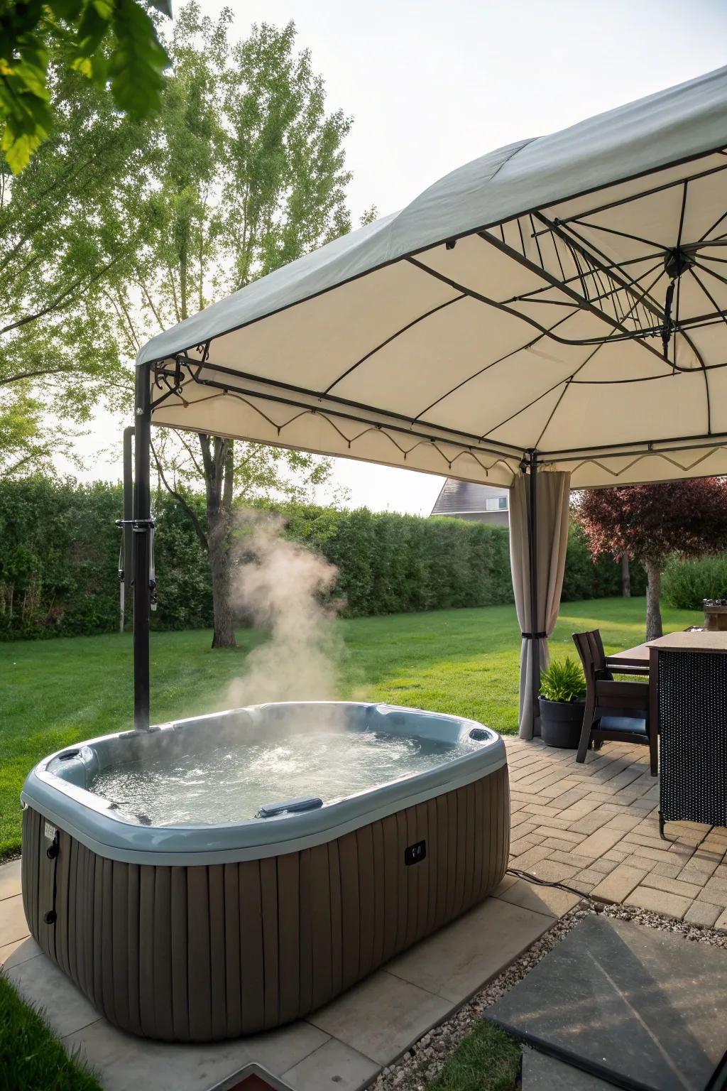 A canopy facilitates all-weather utilization of the spa.