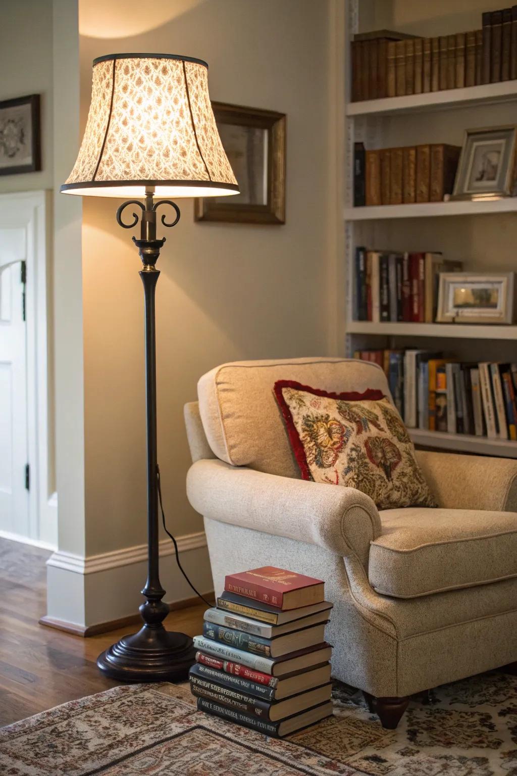 A standing lamp accentuating a cozy reading corner inside a dwelling.