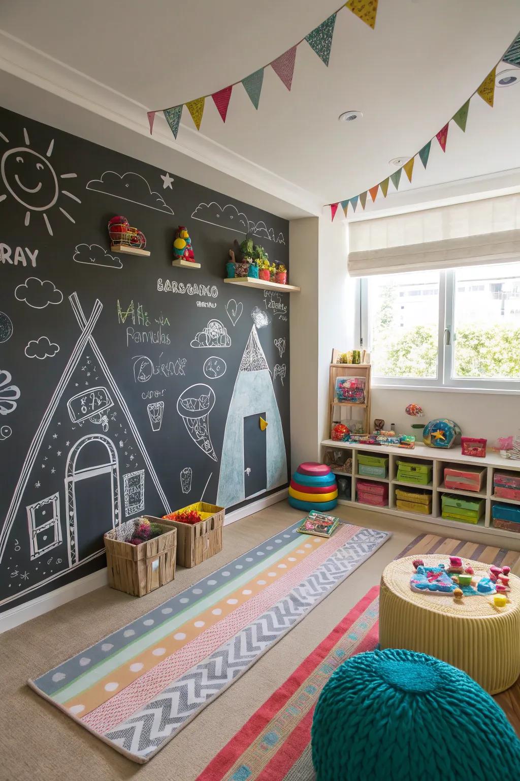 A playroom displays interactive chalkboard wallpaper, inviting endless creativity.