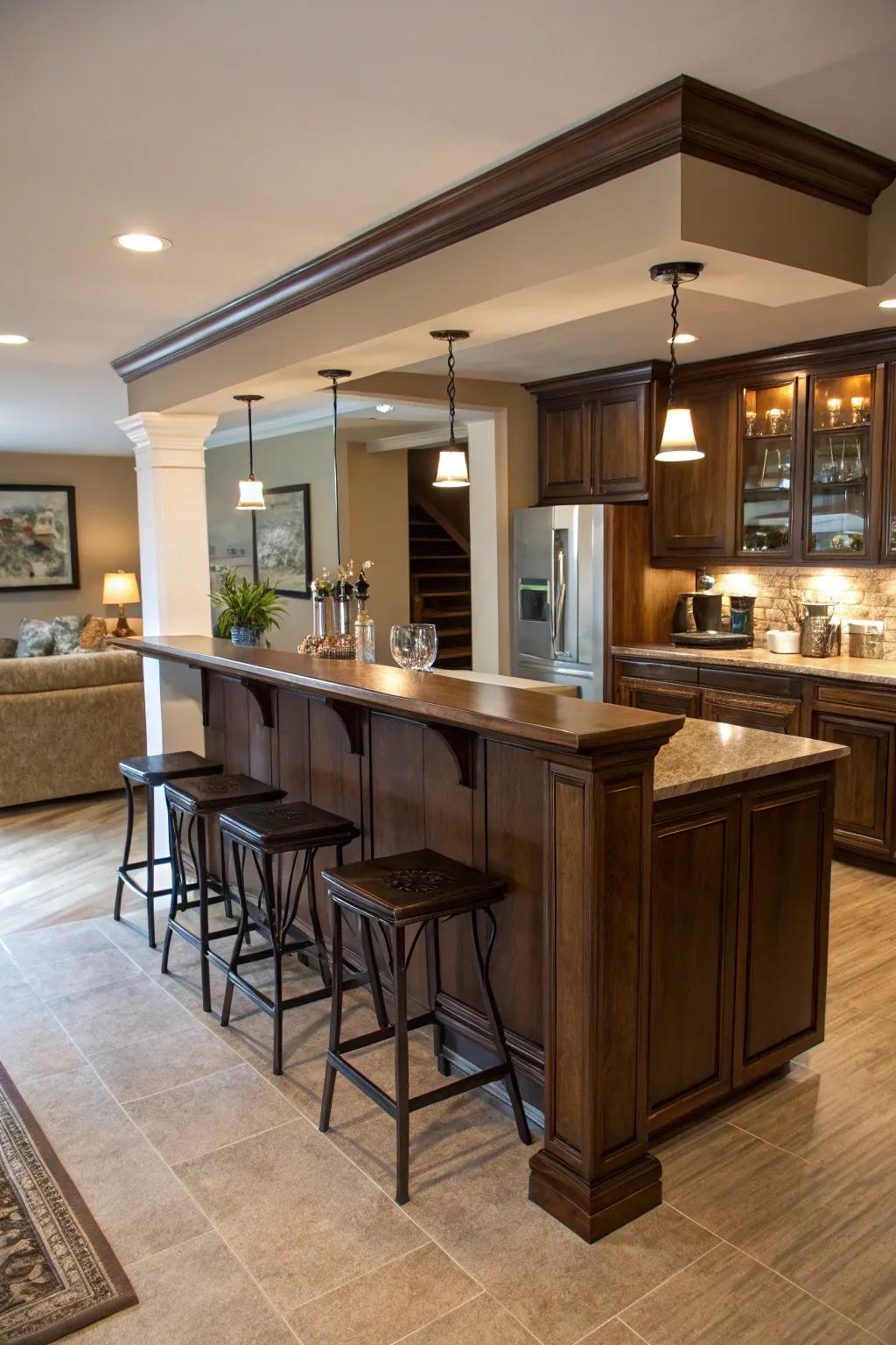 Visual distinctions in open-plan areas with a bar counter.