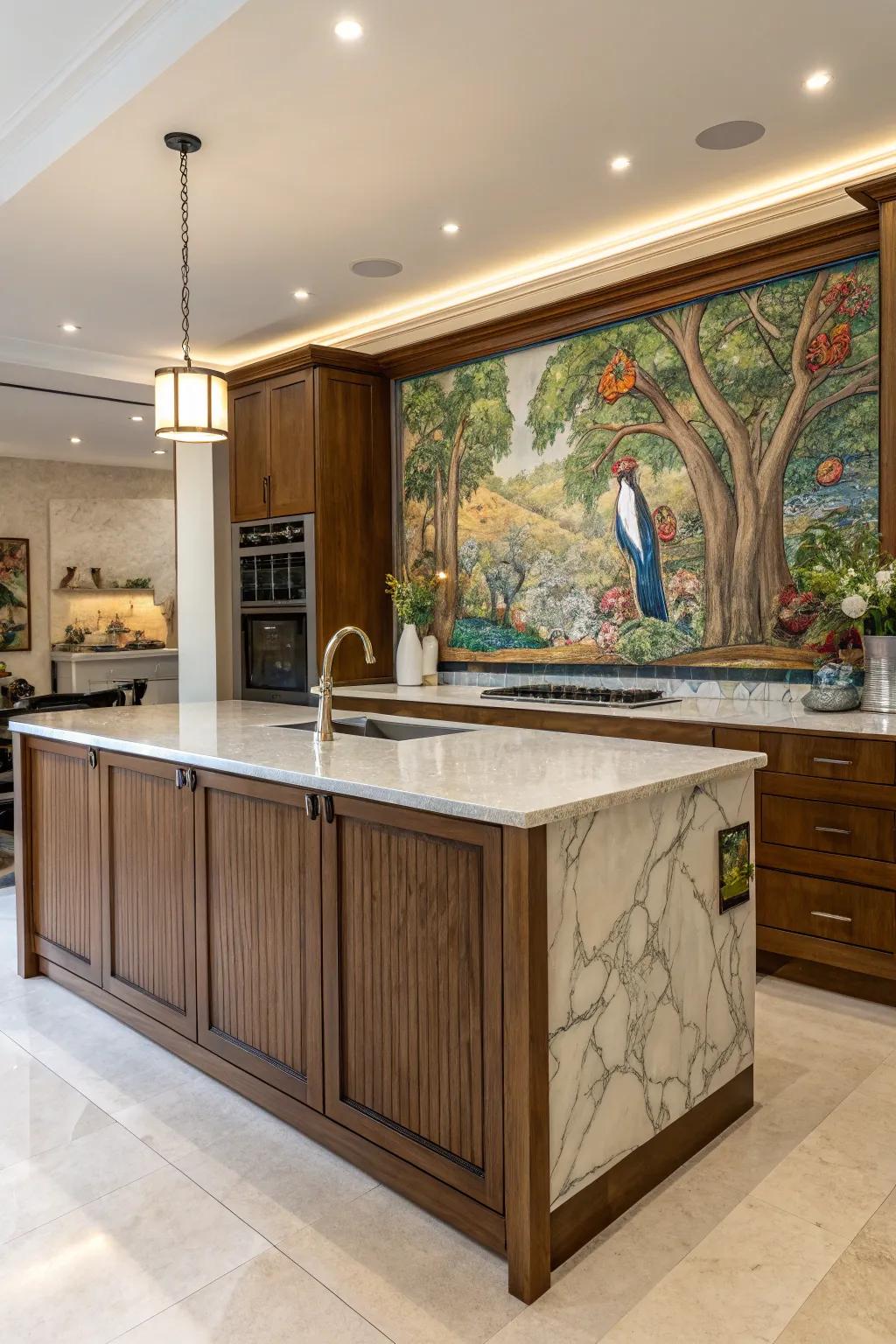 An artistic wall painting transforms this cooking area focal point into a stunning gallery piece, blending art with function.