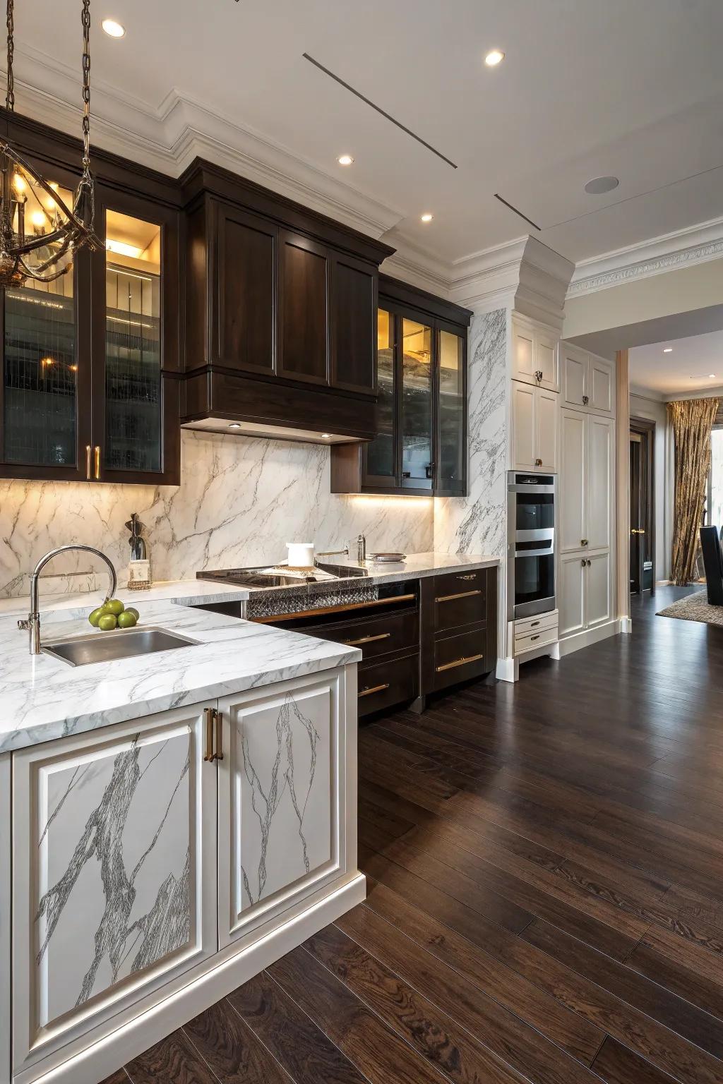 Stone surfaces add elegance to this kitchen fitted with deep floors.