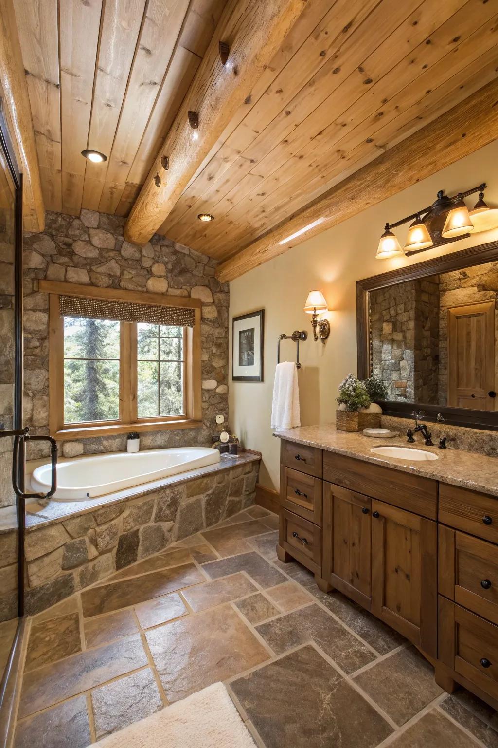 A country bathroom where pine clad ceilings enhance the spa-like atmosphere.