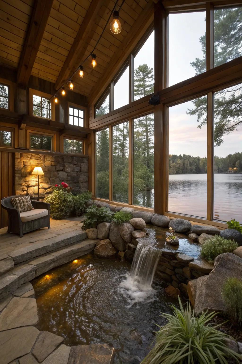 Aqueous elements impart serenity to the dwelling.