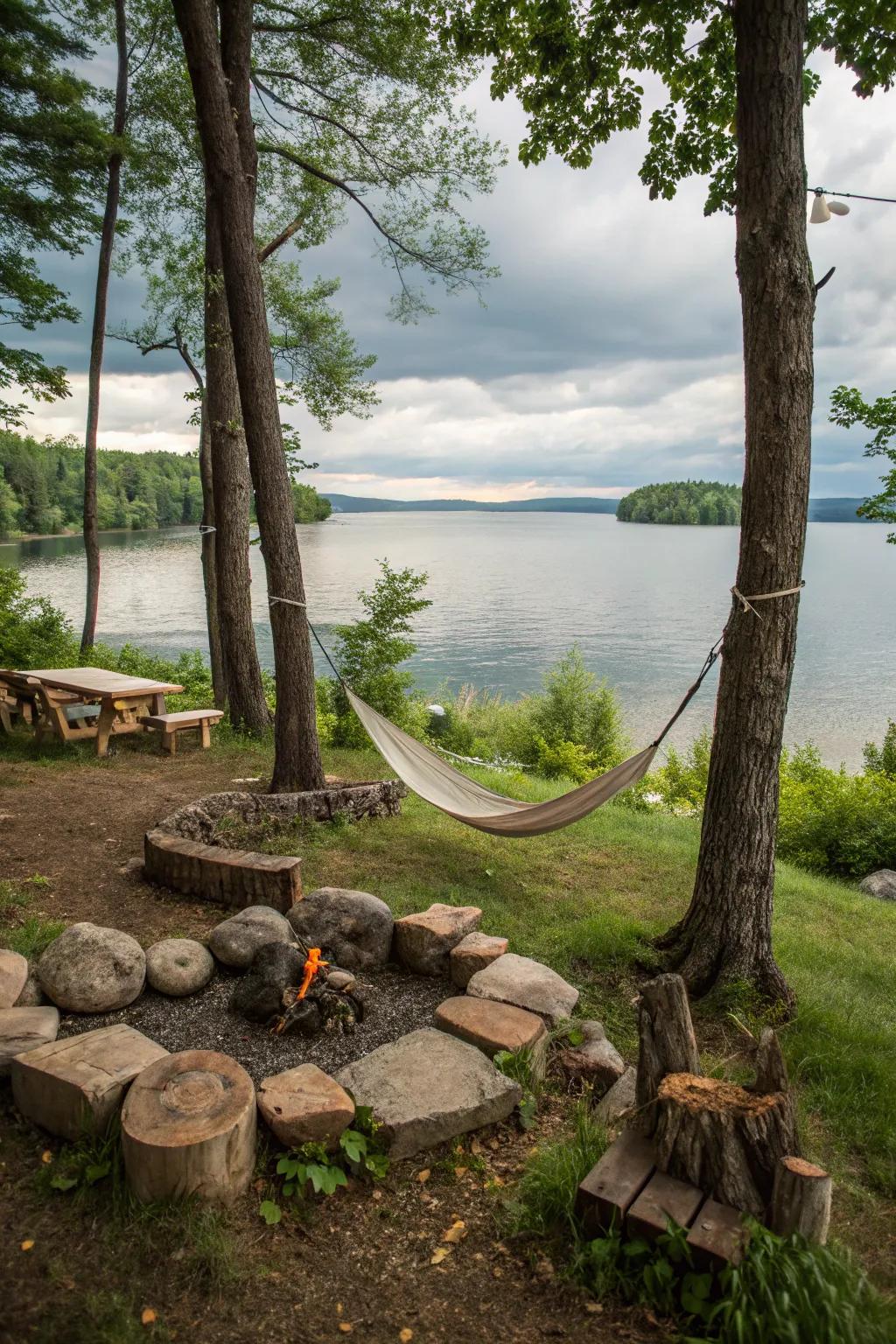 A sling zone by the brazier proffers a placid escapade by the lake.