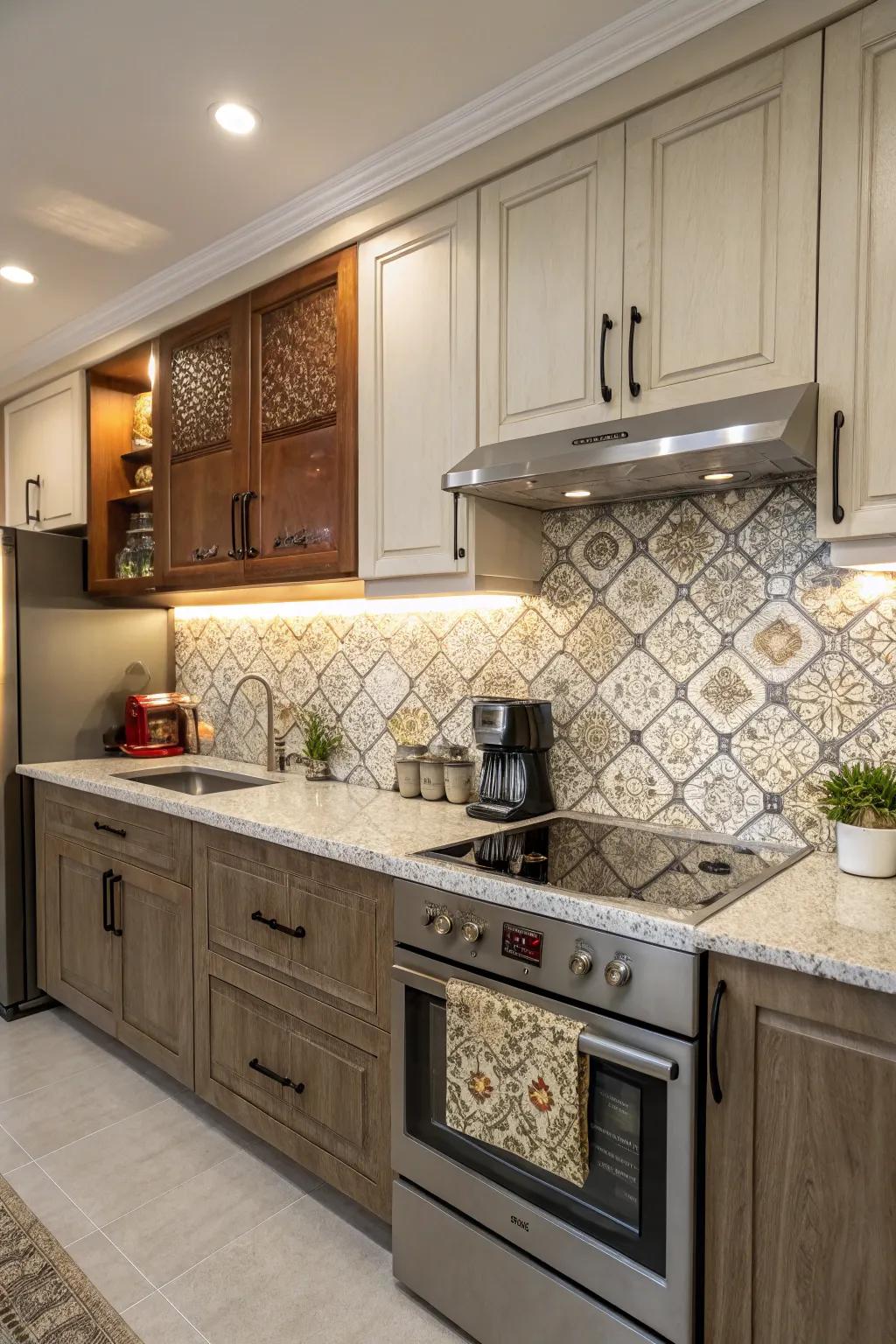 Distinct finishes in layered backsplash incorporate understated character.