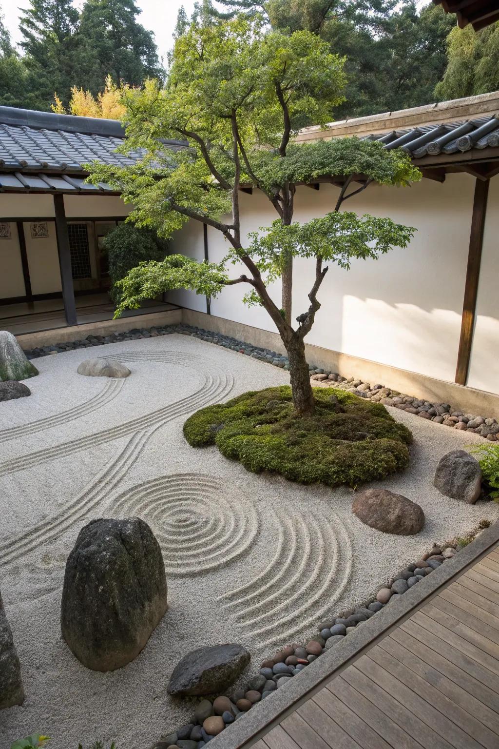 A meditation garden offers a peaceful, reflective landscape surrounding trees.