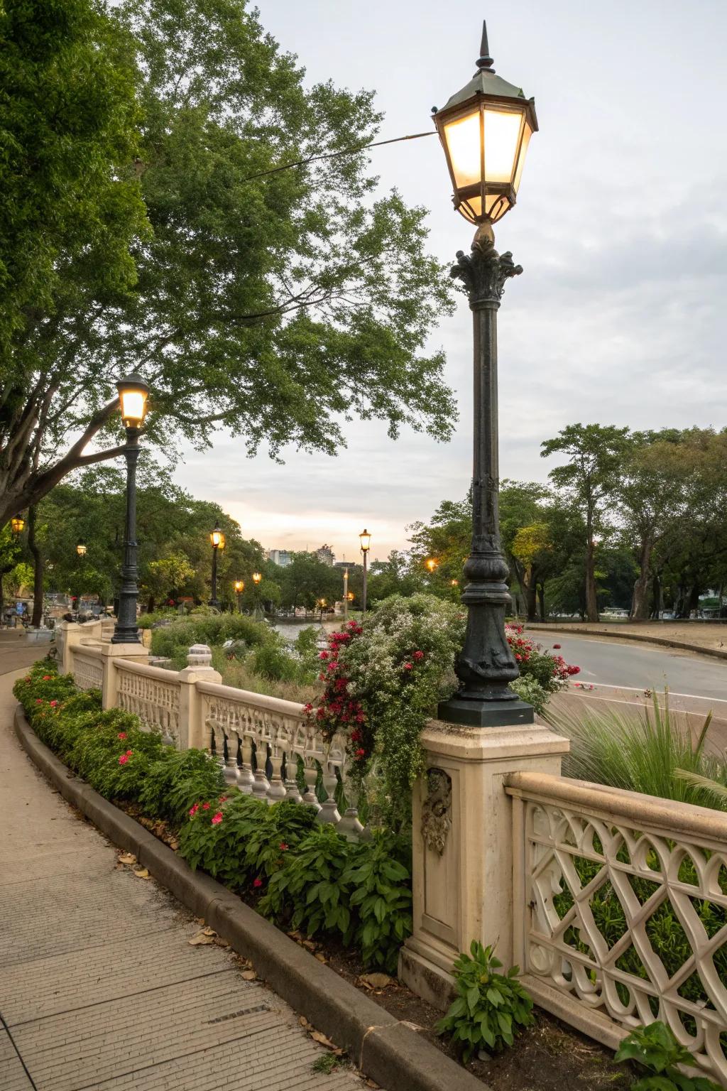 Ornamental enclosing appending allure to a lamp post landscape.