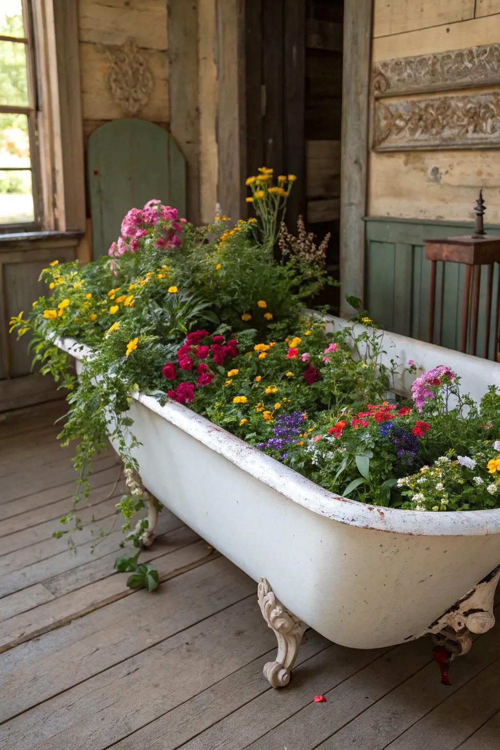 Outdated washbasins are an eccentric and roomy choice for elevated garden beds.