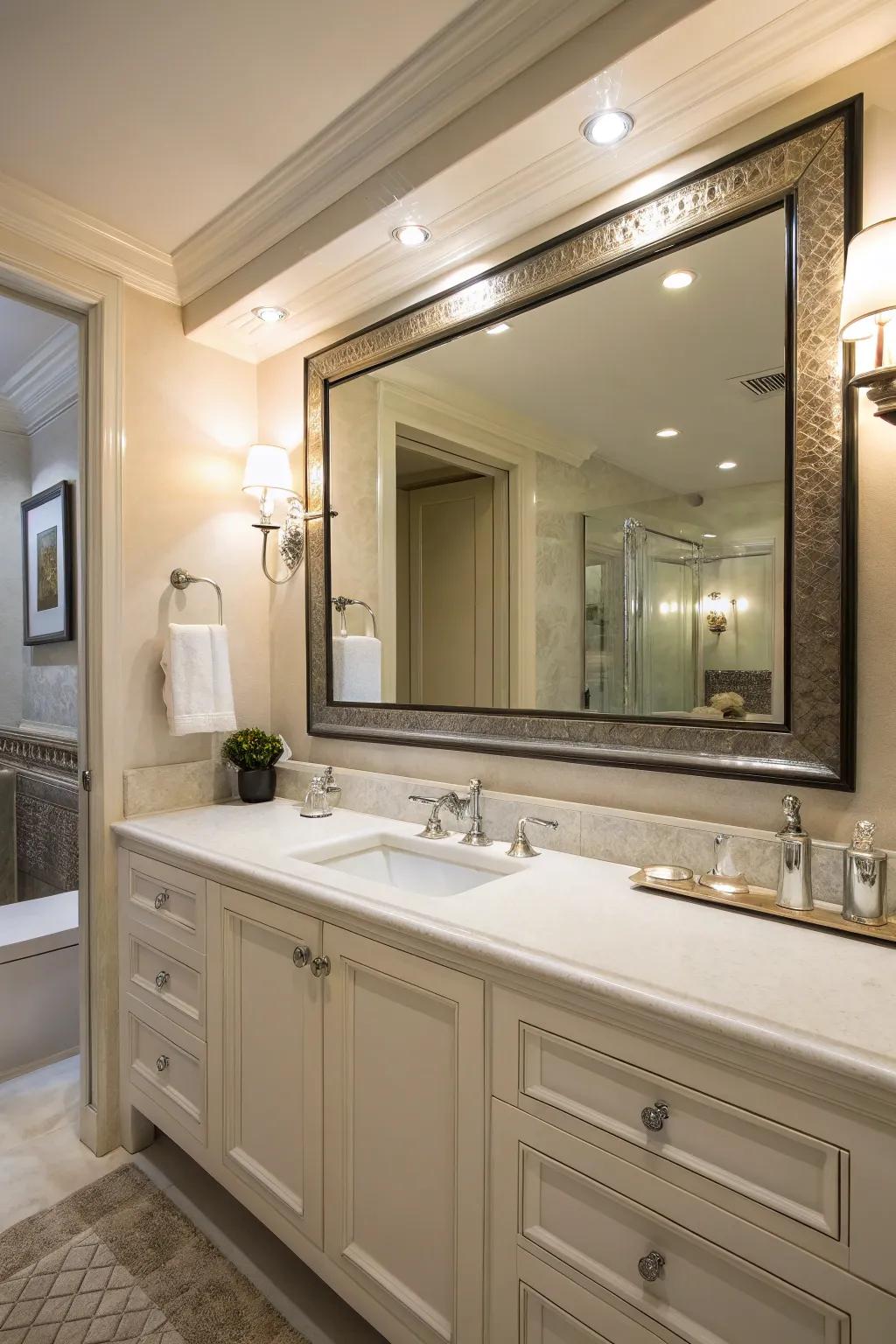 An exquisitely fashioned lavatory reflector introduces an element of grandeur to diurnal routines.